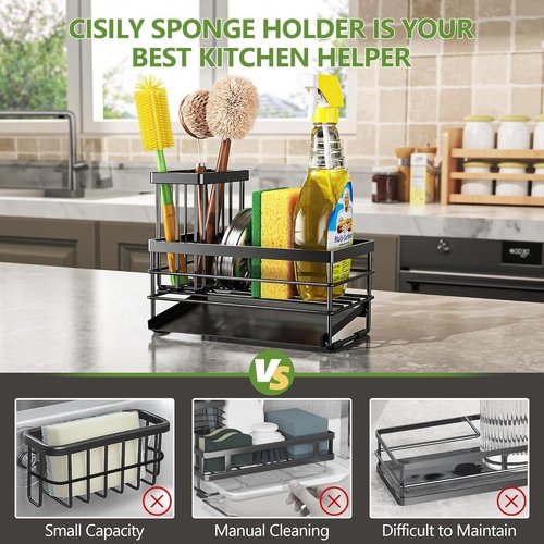 Cisily Sink Caddy - Rustproof Kitchen Organizer with Brush Holder & Self-Draining Tray | Black