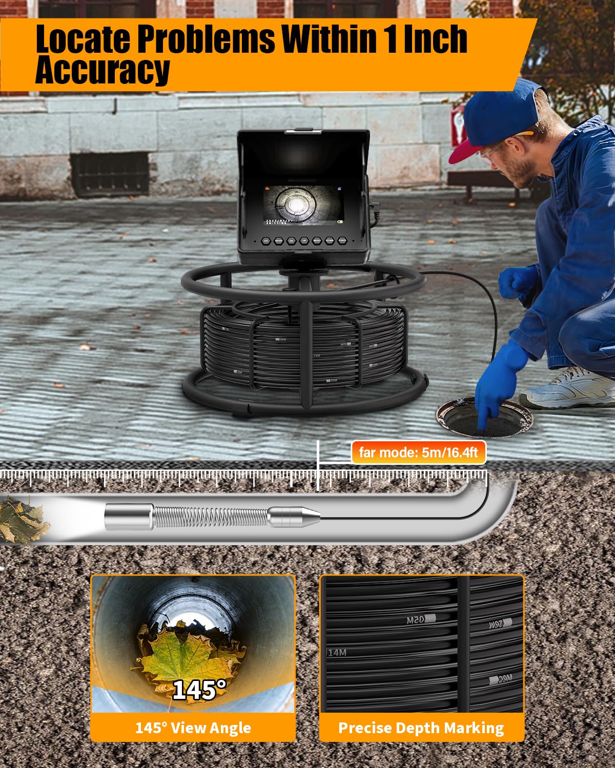 Sewer Inspection Camera 100ft/30M with 4.3" Monitor, 32GB DVR Drain Camera, 18mm 1080p Probe & 8500mAh Battery, IP68 Waterproof Endoscope – Heavy Duty All-Metal Rack for Plumbing, Drain Inspection