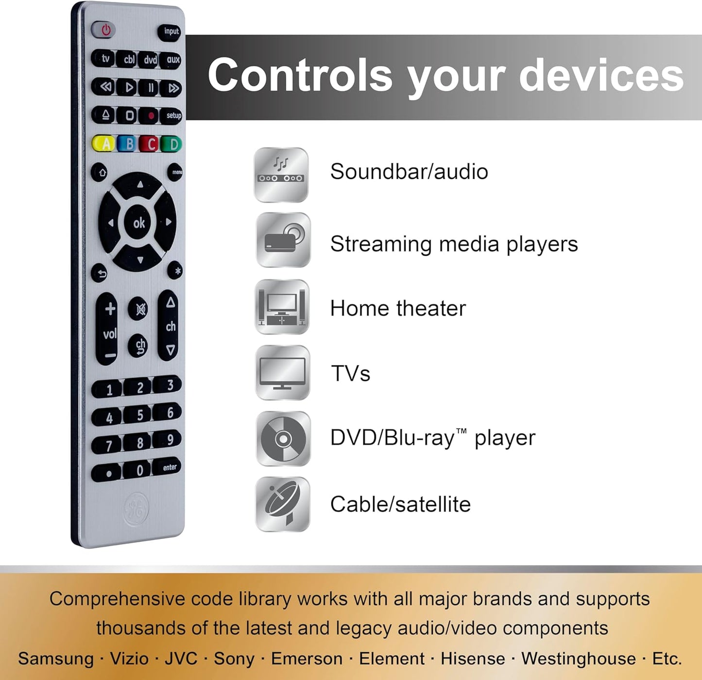 GE 4-Device 33709 Universal Remote Control, Designer Series, Brushed Nickel/Silver