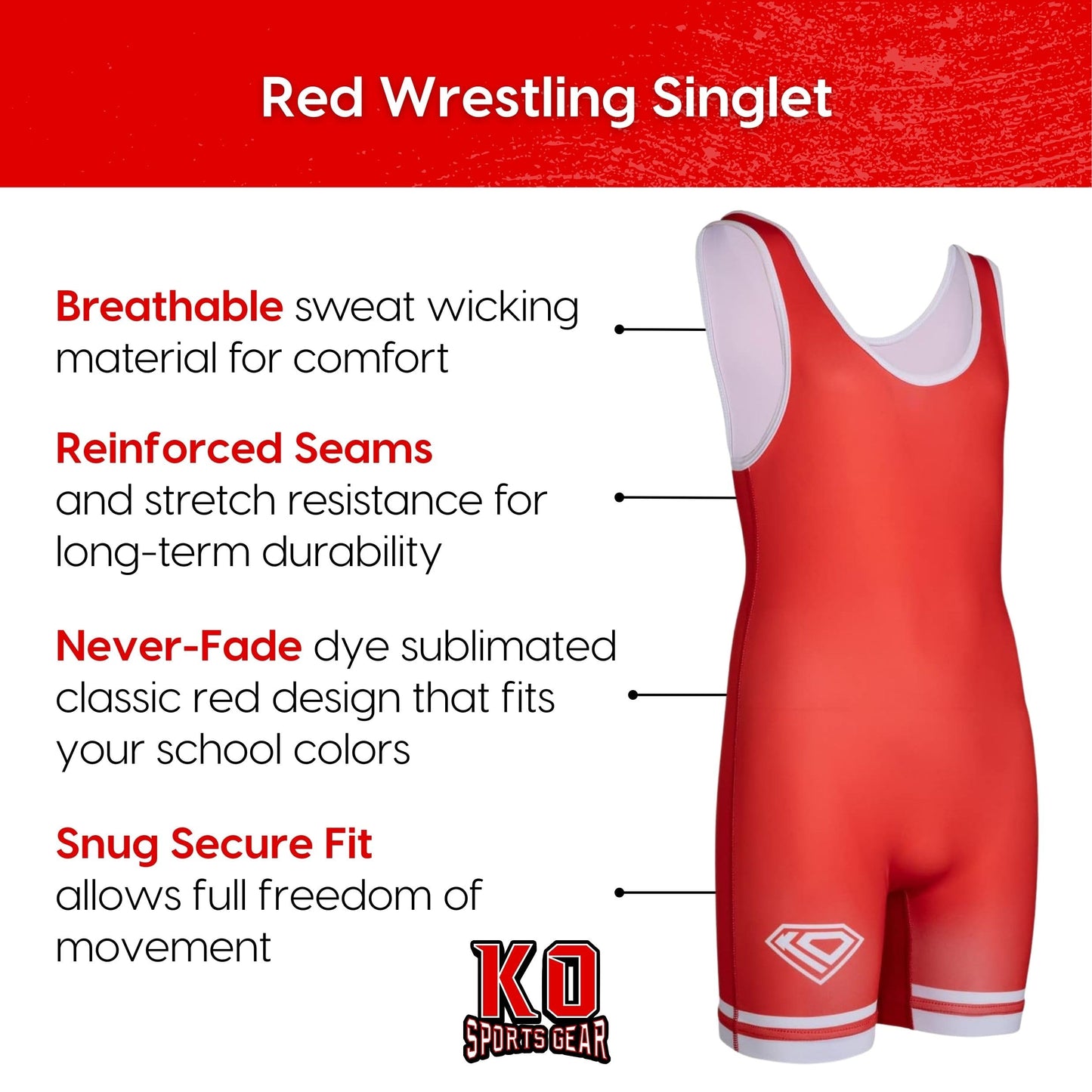 KO Sports Gear Unisex Wrestling Singlet for Youth Wrestlers - Wrestling Singlet for Boys & Girls - Bold Durable Uniform, Stretchy Breathable Material - Red, Youth Large