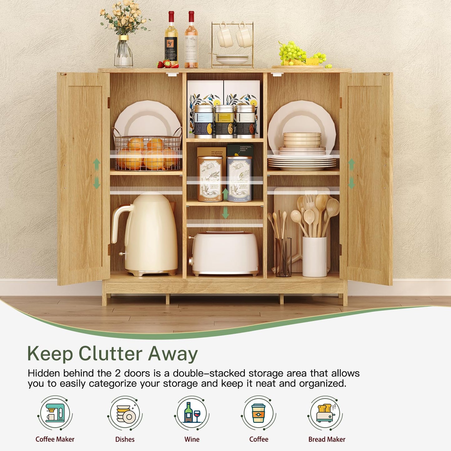 Iwell Rattan Storage Cabinet with 4 Adjustable Shelves, Coffee Bar Cabinet, Sideboard Buffet for Kitchen, Living Room, Entryway, Natural