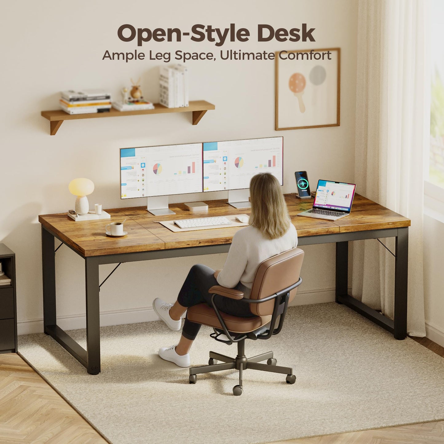 Mericonia 63 Inch Large Computer Desk with Power Outlets, 1.2" Thick Heavy Duty Industrial Office Desk, Modern Simple Study Writing Table for Home Office Bedroom Workstation, Brown