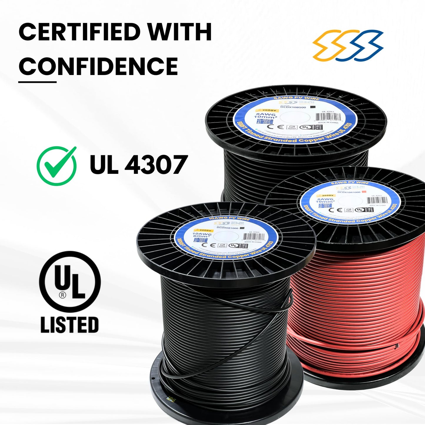 SSS 2000V UL 4703 Solar PV Wire – 300 Feet, 8AWG (10mm²) – Dual Sheath, 100% Pure Copper – UL Listed, 2KV, Weatherproof, UV & Direct Burial Rated (Red, 300FT, 8 Gauge)