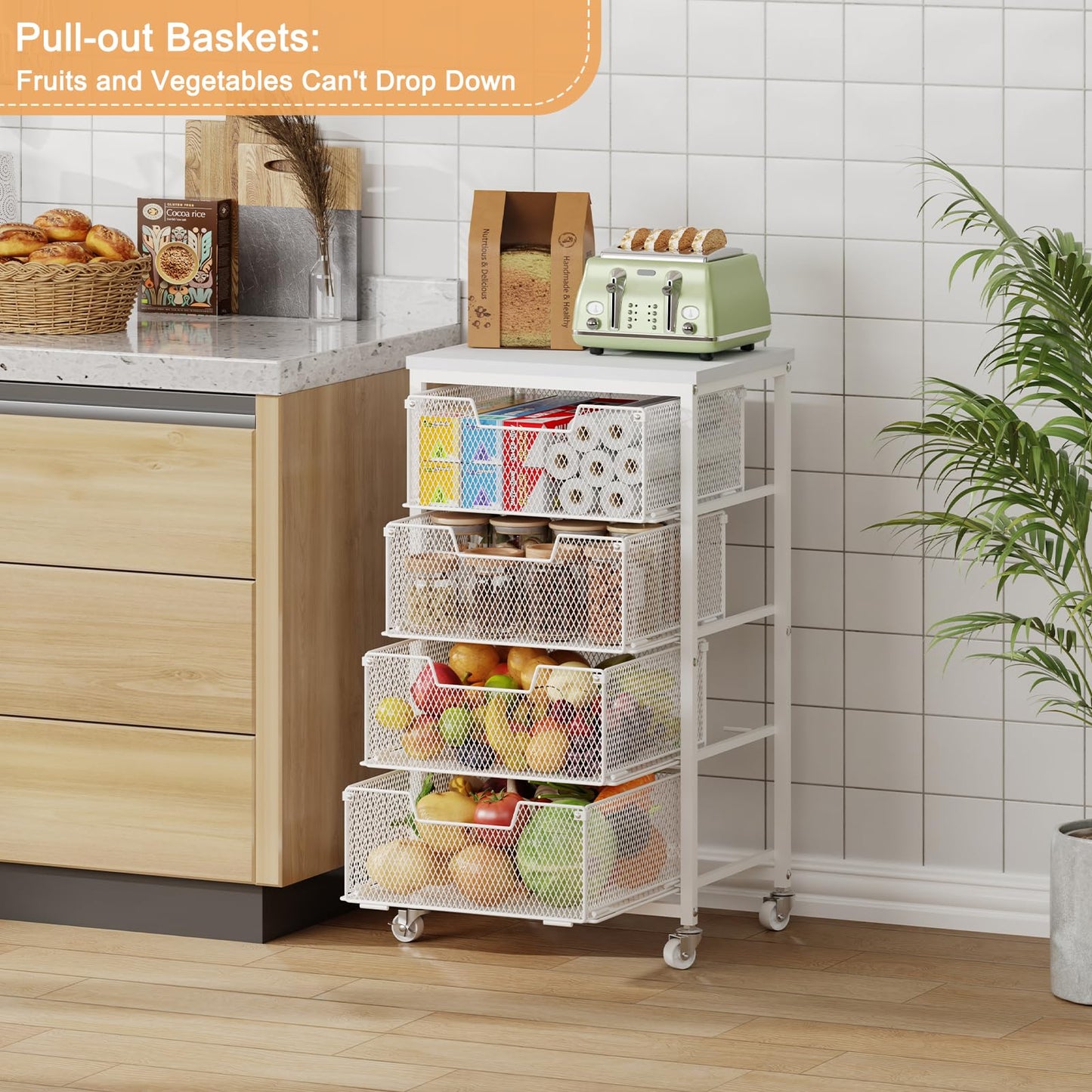 4-Tier Kitchen Storage Cart - Fruit Vegetable Storage Cart with Drawers, Wooden Top Metal Wire Kitchen Organizer and Storage Cart with Wheels to Storage Onions Potatoes Cans Snacks for Kitchen