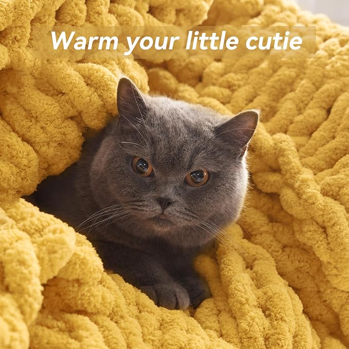 Negwoo Chunky Knit Throw Blanket, 60''*80'' Knitted Throw Chenille Yarn for Bed Couch, Handmade Yellow Crochet Big Thick Blanket, Machine Washable Cute Comfy Blanket for Home Decor