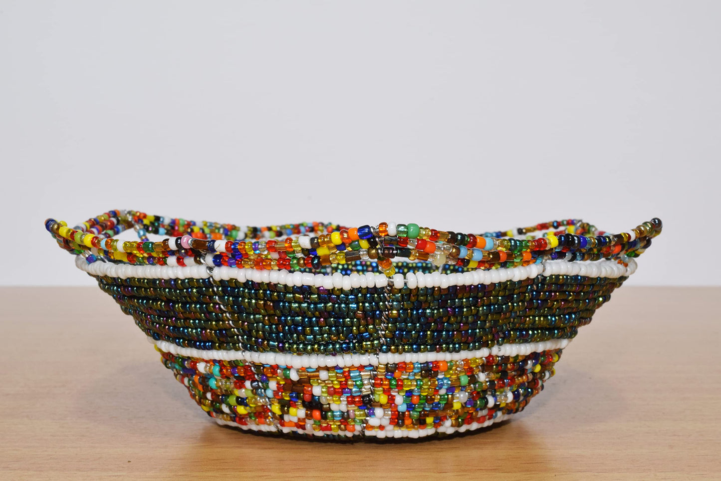Small African Beaded Wire Bowl - Maasai Jewelry Bowl - Handmade in Kenya - 6 Inches, Metallic Green