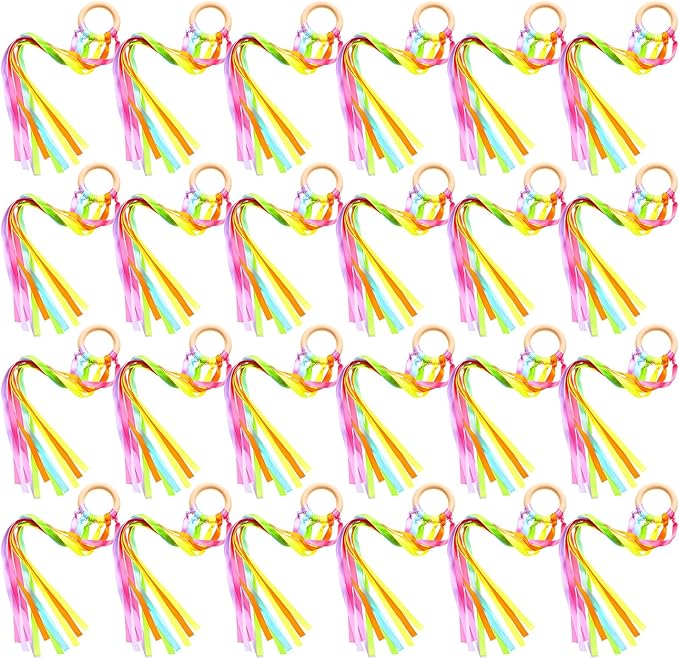 Junkin Ribbon Rings Hand Kite Waldorf Toys Dancing Wrist Ribbons Rainbow Streamers with Wood Ring Sensory Learning Educational Toy for Playroom Dancing Birthday Party Gift(Fresh,24 Pcs)