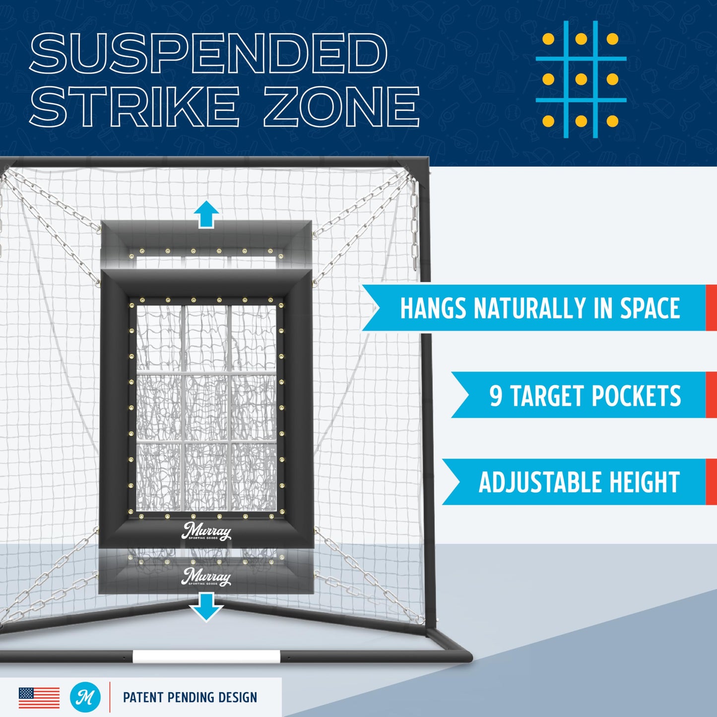 Murray Sporting Goods 9 Hole Pitching Net for Baseball & Softball, Built-in Backstop, Suspended Strike Zone Target, Heavy Duty Steel Frame