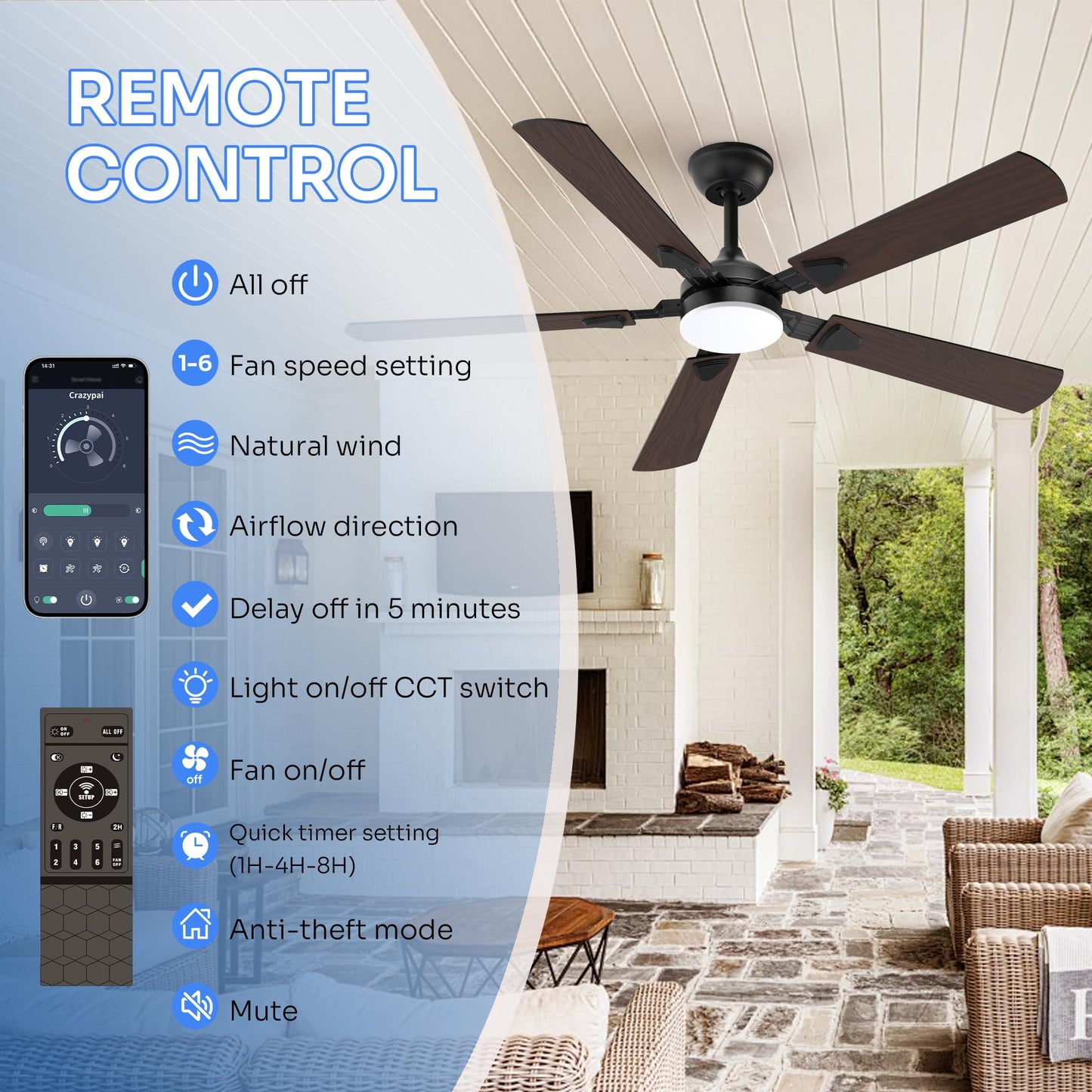 Crazypai Ceiling Fans with Lights, 52 Inch Modern Ceiling Fans with Lights and Remote Control, DC Reversible Motor, Noiseless, 3CCT, Ceiling Fan for Bedroom, Living Room, Apartment Indoor/Outdoor Use