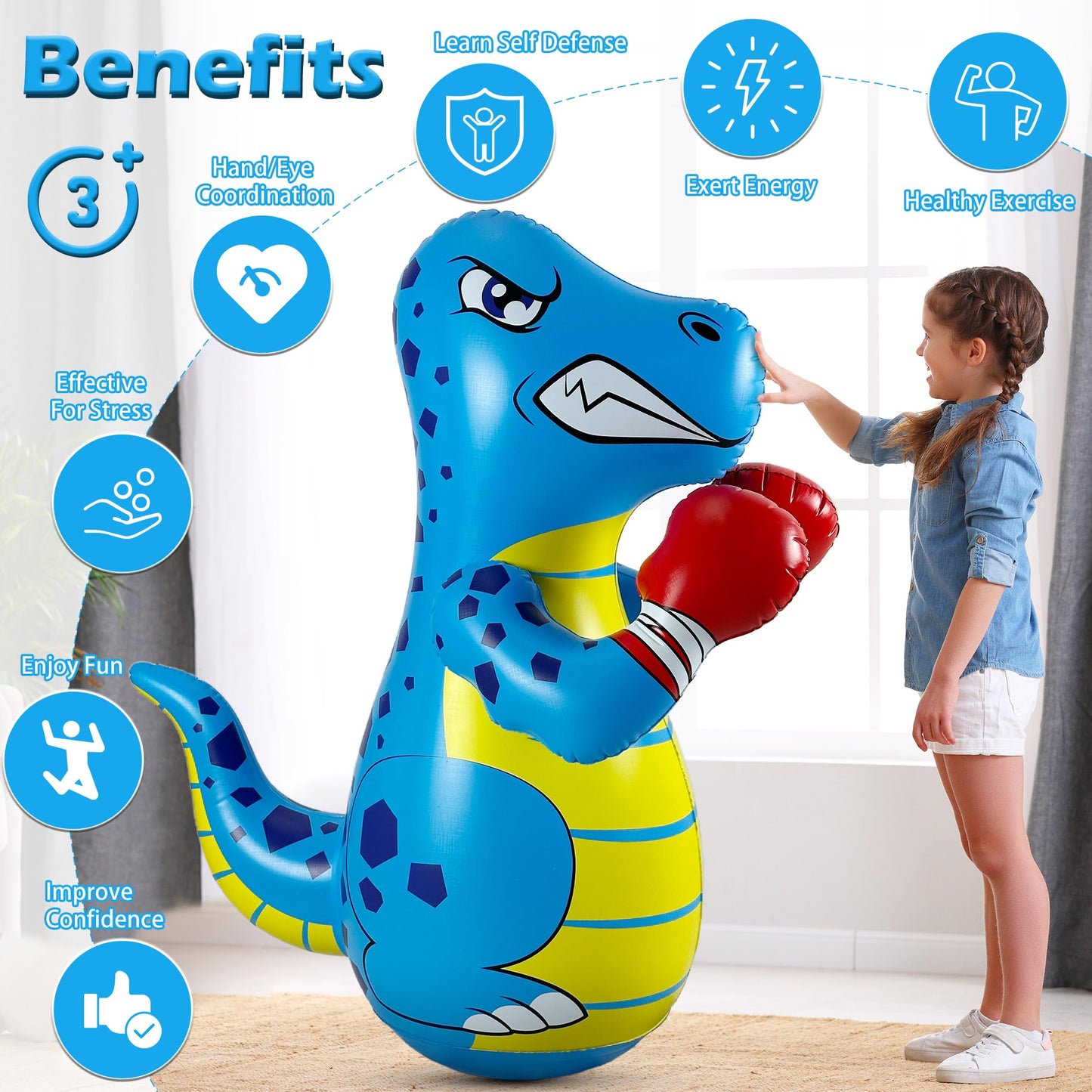 Kids Punching Bag with Air Pump, 50” Freestanding Inflatable Boxing Training Bag for Ages 3-8, Bounce Back Reflex Punching Bag for Fitness & Coordination