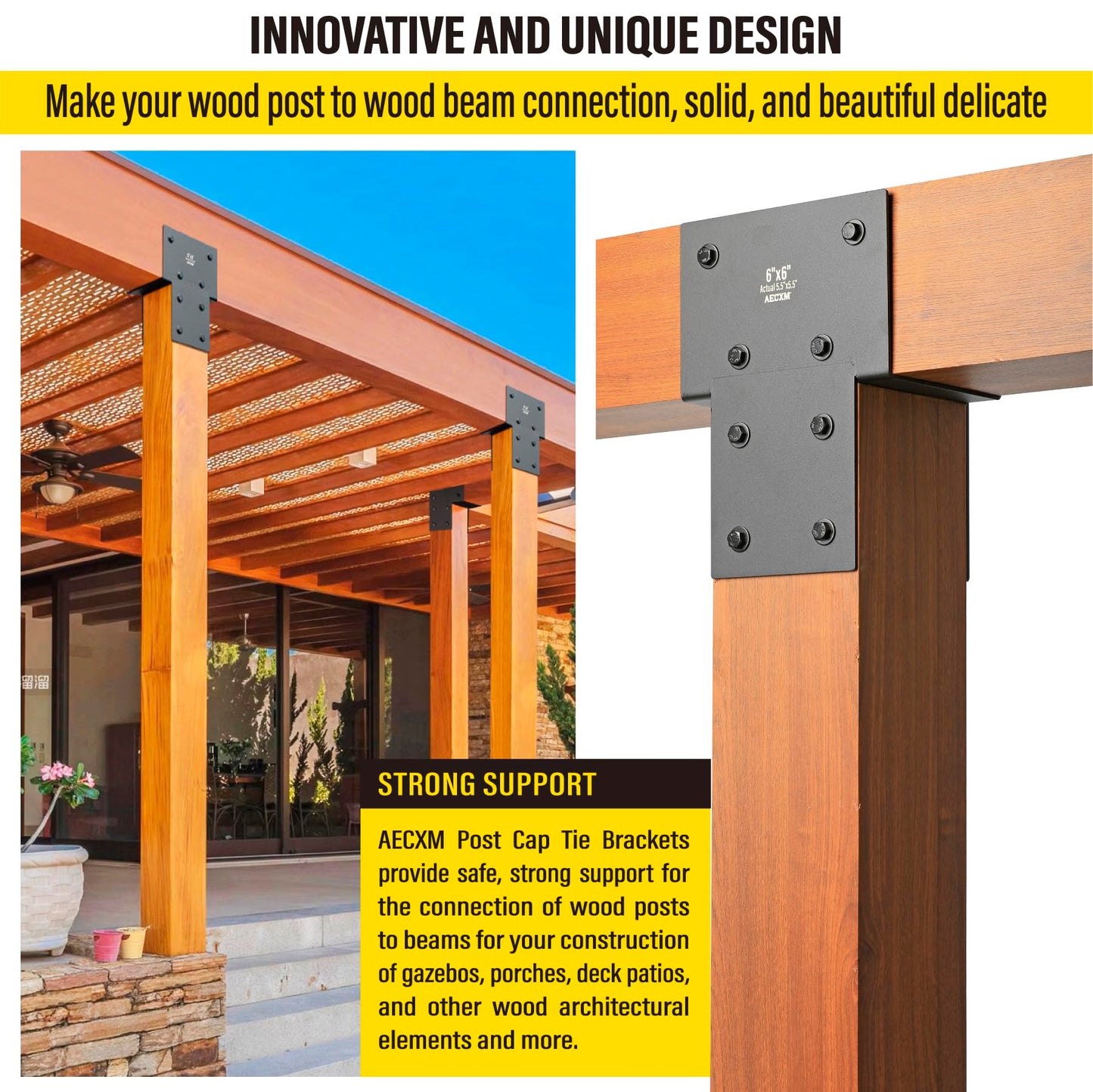 6"x6" (Actual 5.5"x5.5") Heavy Duty Post Caps Tie Brackets for Wood, Deck Post to Beam Connector Bracket（Serial Post） 1Pack