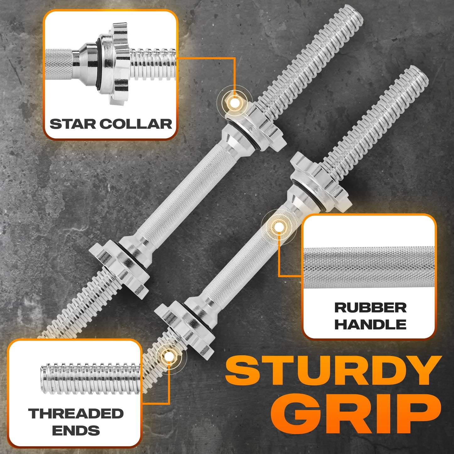 Yes4All Pair of Threaded Dumbbell Handles 18 inch with Collars, Chrome Grip, Fit 1” Plates, Weight Bar Connector