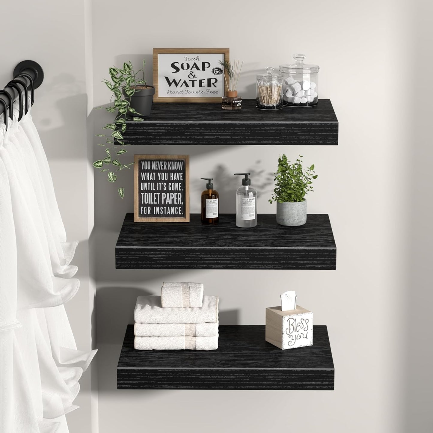 QEEIG 10" Deep Floating Shelves - Set of 3 Black Wall-Mounted Bookshelves for Bathroom, Bedroom, Kitchen & Living Room