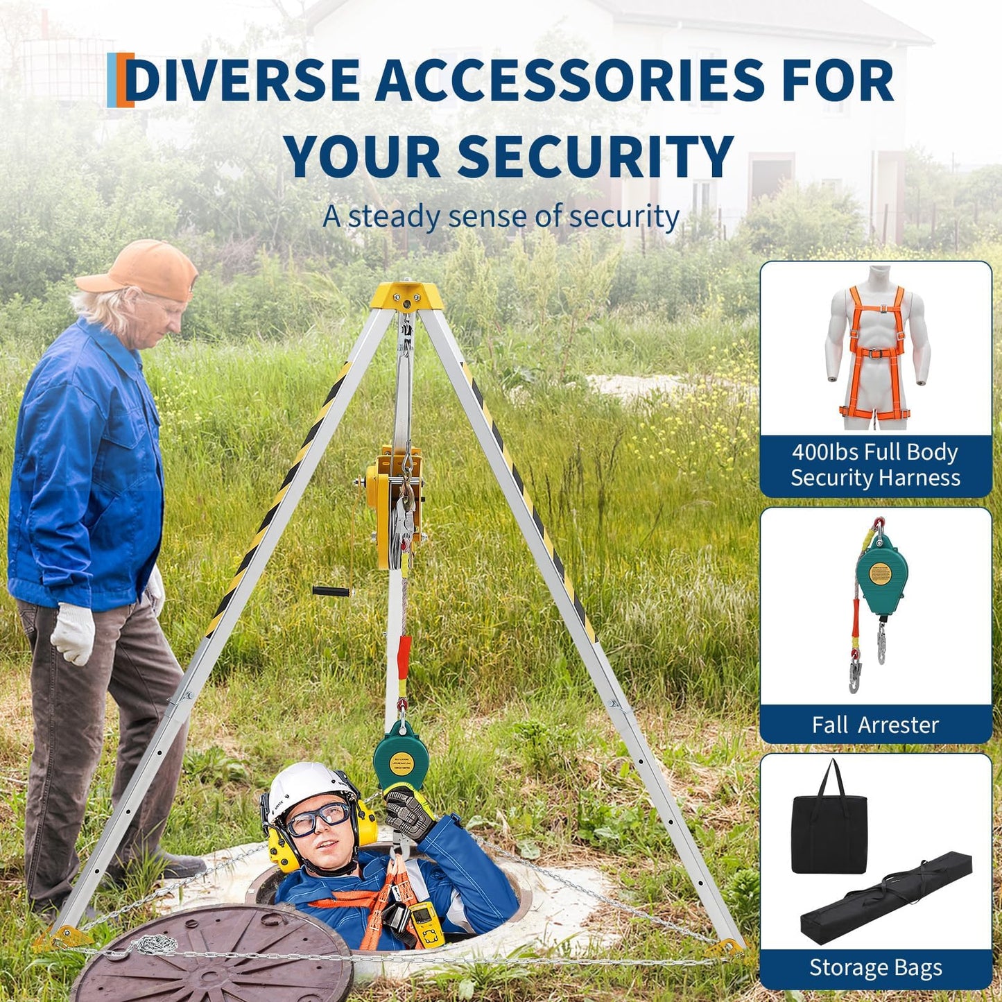 Adjustable Confined Space Tripod Rescue System – 1200 Lbs Winch, Self-Locking Safety, 49 ft Steel Cable, Safety Harness & Storage Bag, for Well, Sewer, Manhole, Tank Operations (Fall Protection)