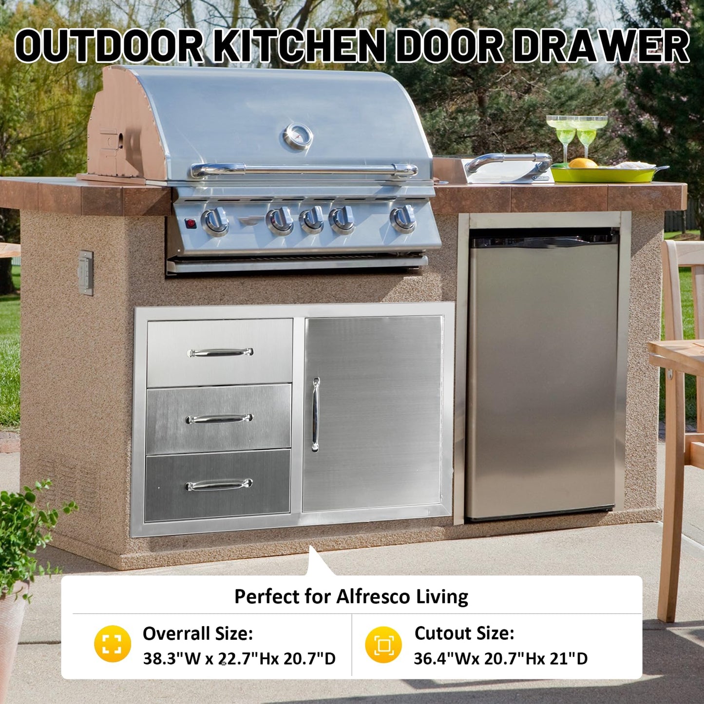 SGOLAN Outdoor Kitchen Door Drawer Combo Cabinet 38.1W x 22.6H x 20.8D BBQ Access Door&Triple Drawers Combo, Stainless Steel Handles for Outdoor Kitchen Island