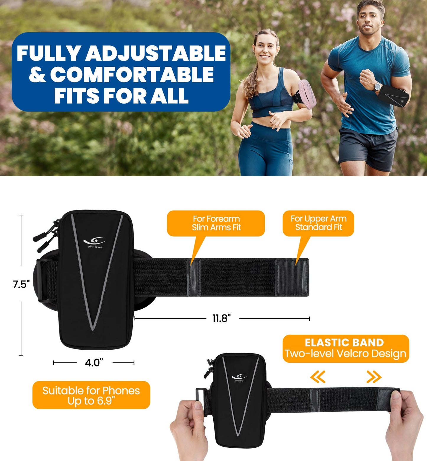 HiRui Cell Phone Holder Arm Bag & Wrist Bag for Phone, Sports Running Armband for Gym & Cycling, Compatible with iPhone 17/17Pro/Plus/16/15 Samsung Galaxy All Phones, Reflective & Adjustable (Black)