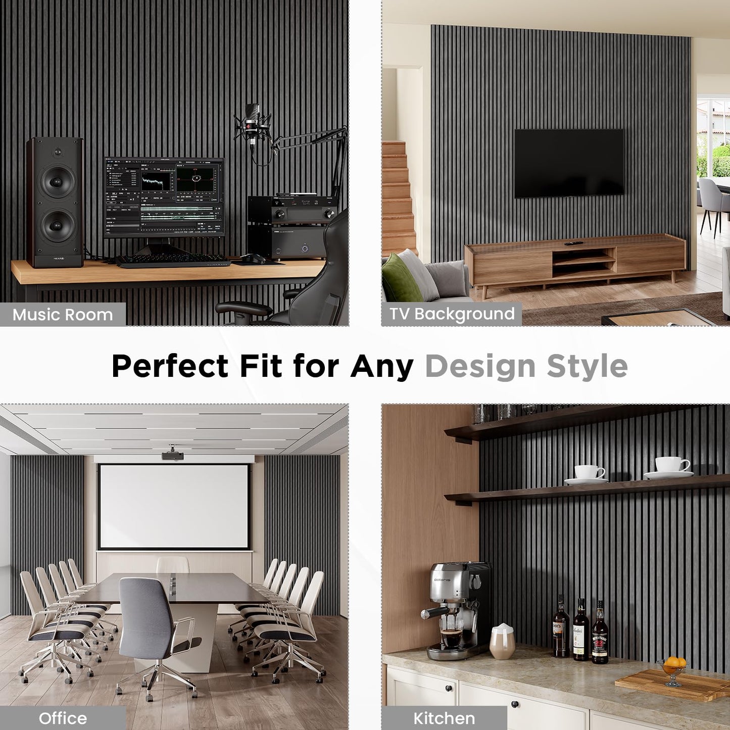 SMARTSTANDARD Wood Slat Acoustic Wall Panels 4 Pack 94"x12.6" Dark Gray, Noise Reducing and Sound Absorbing, Decorative Slat Panels for Home Studio Office Living Room