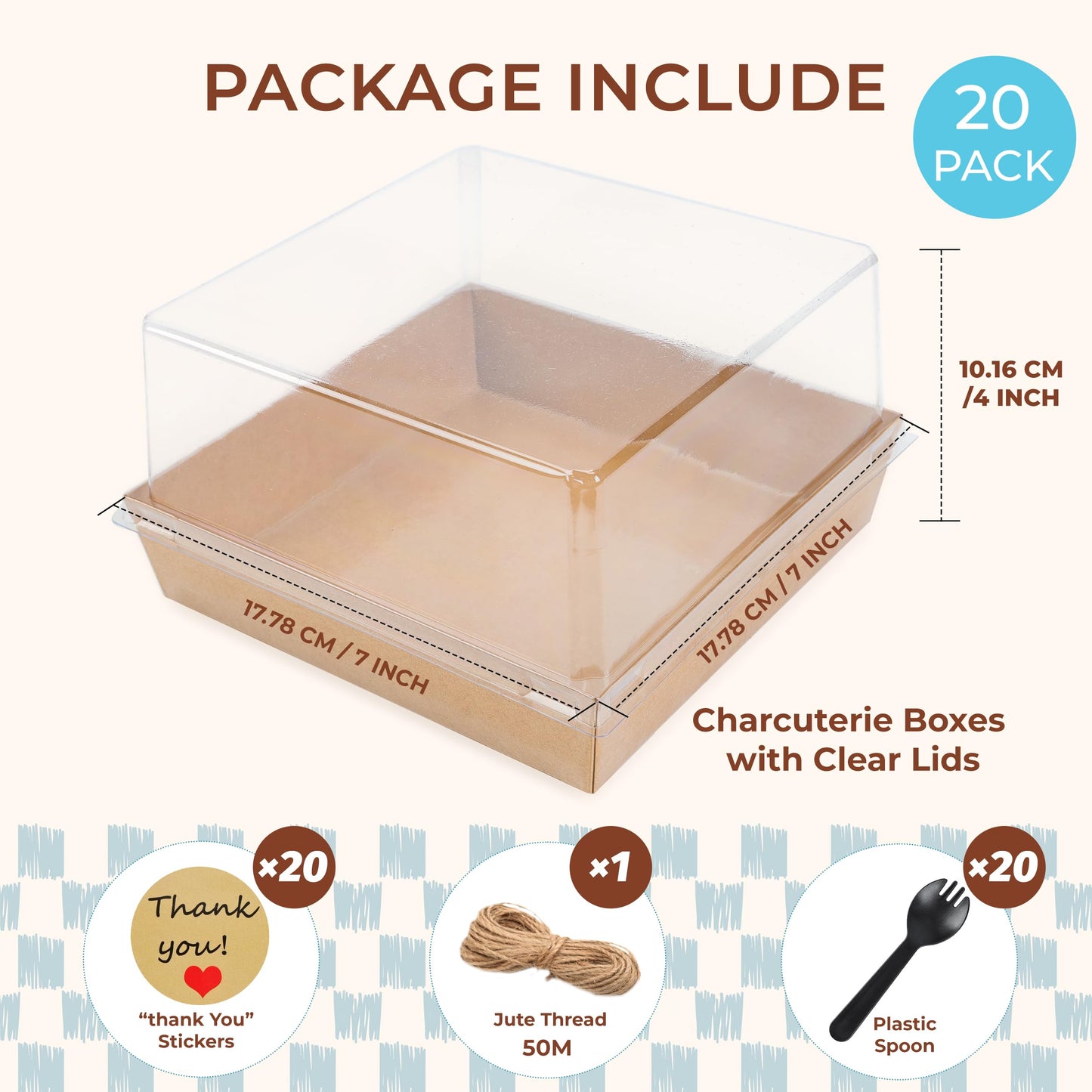 NPLUX 20 Pack Small Cake Boxes Charcuterie Boxes Mini Cake Containers With Lids For 4-6-inch Cake Pudding Sandwich Pie Bakery Dessert(Brown 7x7x4 inch)