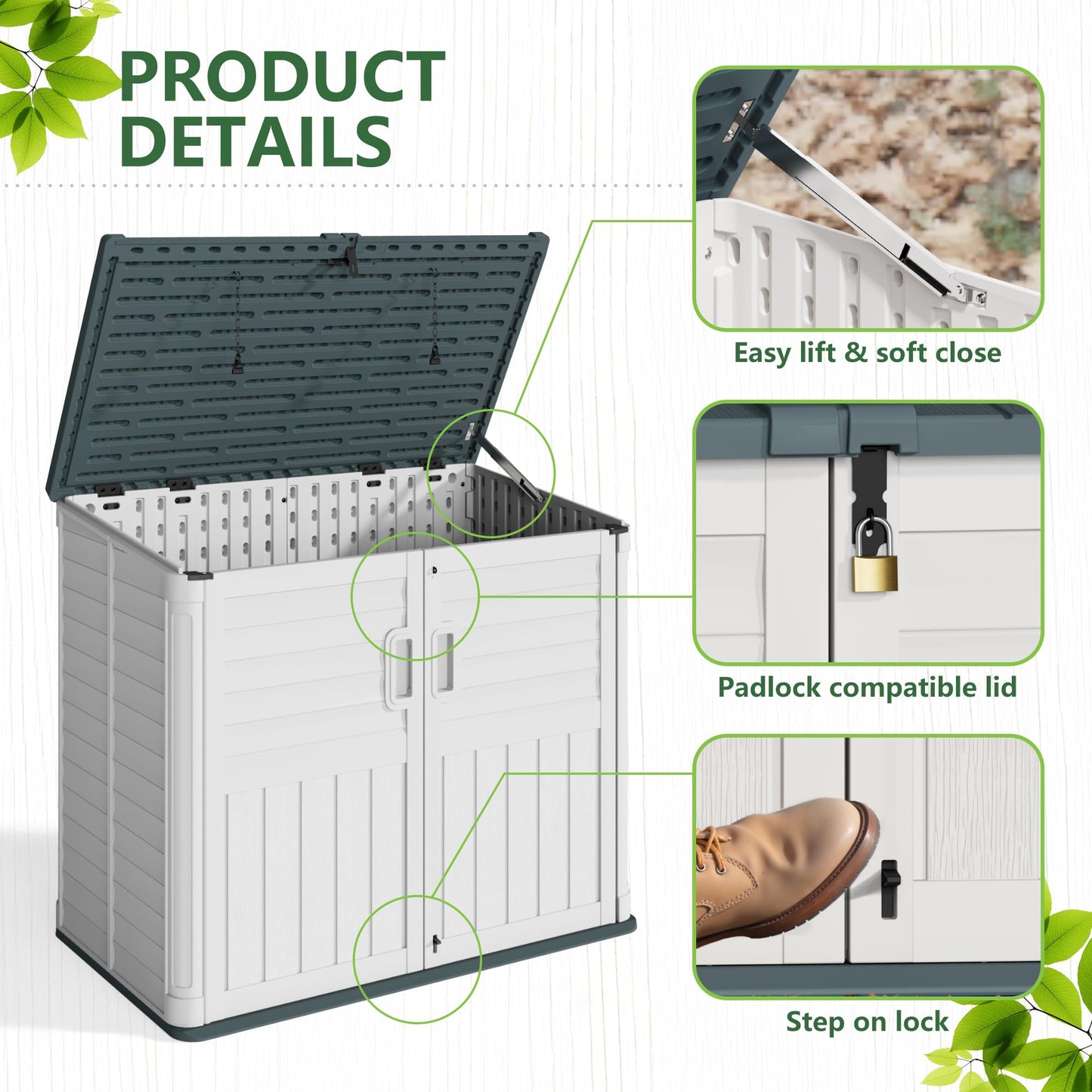Greesum Outdoor Trash Can Storage Shed, 34 Cu.ft Horizontal Outdoor Storage Cabinet, Waterproof for Garden, Pool Storage, Garbage Cans, Beige