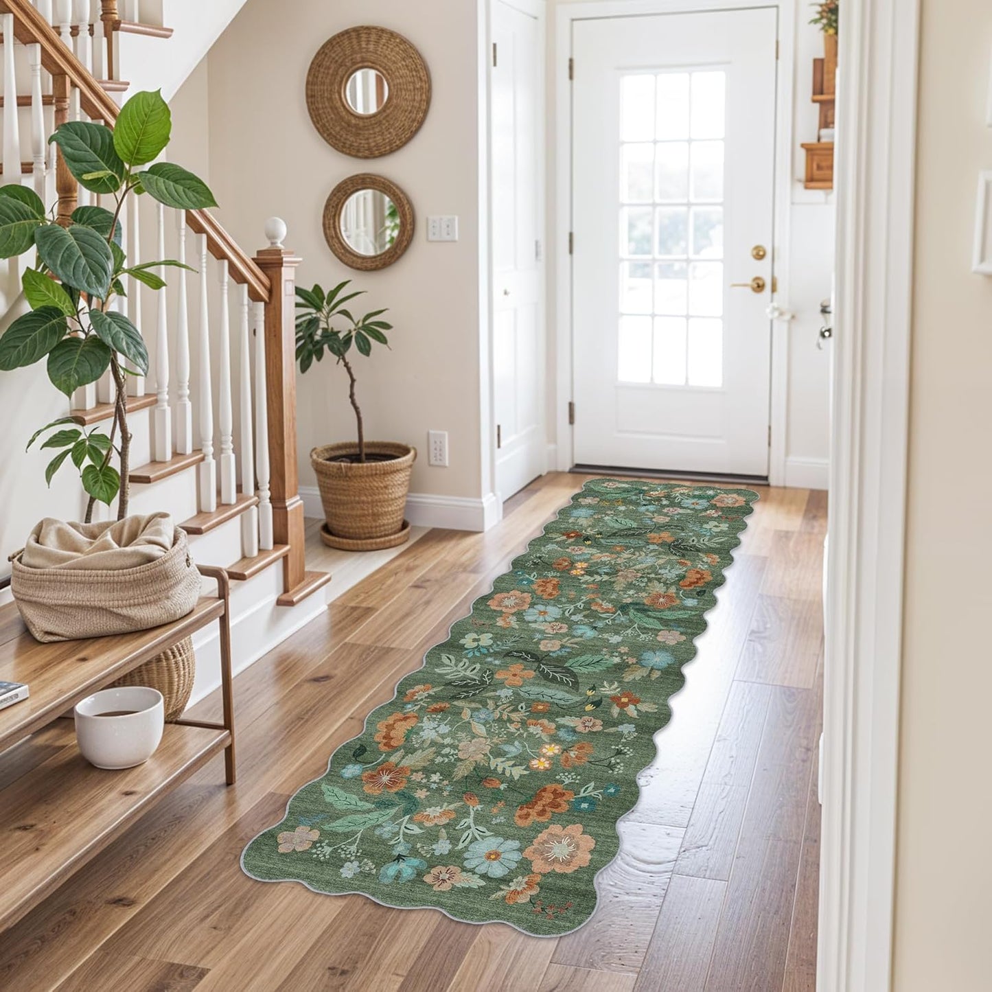 Washable Runner Rug by [Brand Name] - 2x6 Easy-Clean Non-Slip Carpet for Entryway & Hallway | Stain-Resistant Floral Green Design