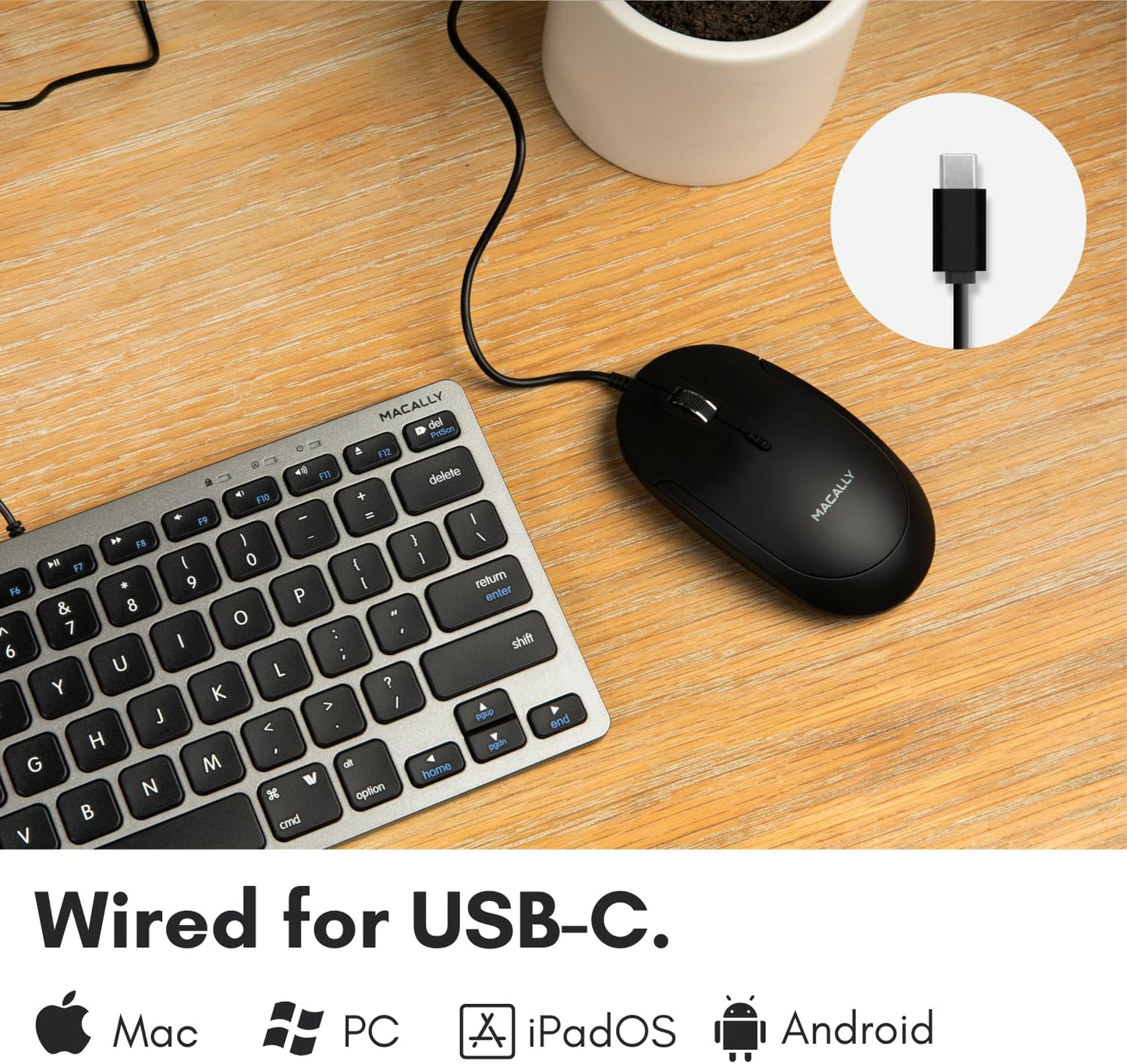Macally 4 Wired USB C Mouse for Mac and PC - Slim, Quiet, and Reliable - DPI Mode Type C for Laptop, MacBook Pro/Air