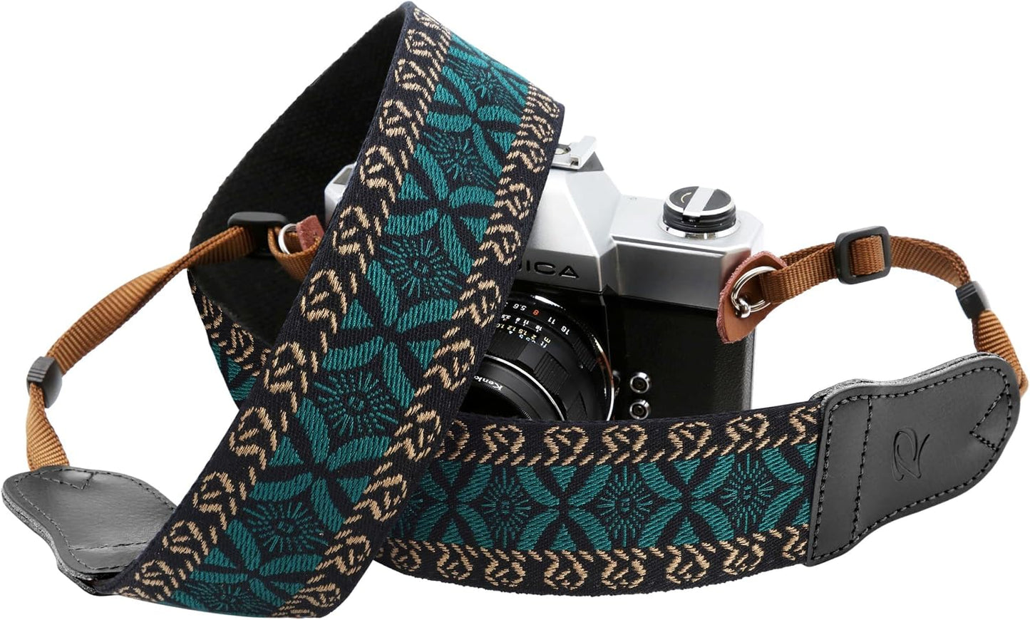 Ends,2" Padwa Lifestyle Mystic Green Embroidered Camera Strap - Double Layer Cowhide Cotton Vintage Camera Straps