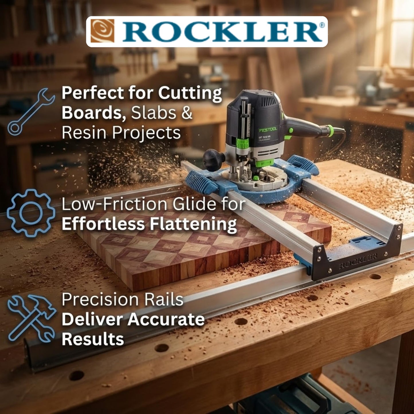 Benchtop Board Slab Flattening Jig – Precision Router Flattening Sled System for Wooden Slabs, End-Grain Boards & Resin Projects – Durable Tabletop Jig Fits Most Woodworking Routers