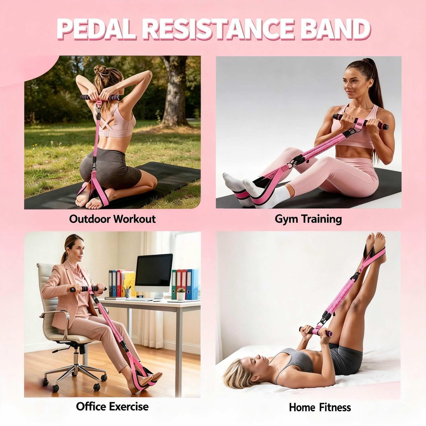 Pedal Resistance Band with Handle, 4 Fabric Covered Tubes 10-90 lbs Exercise Bands with Ankle Straps, Includes Massage Roller & Carry Bag, Full Body Home Gym Workout Equipment for Women and Men