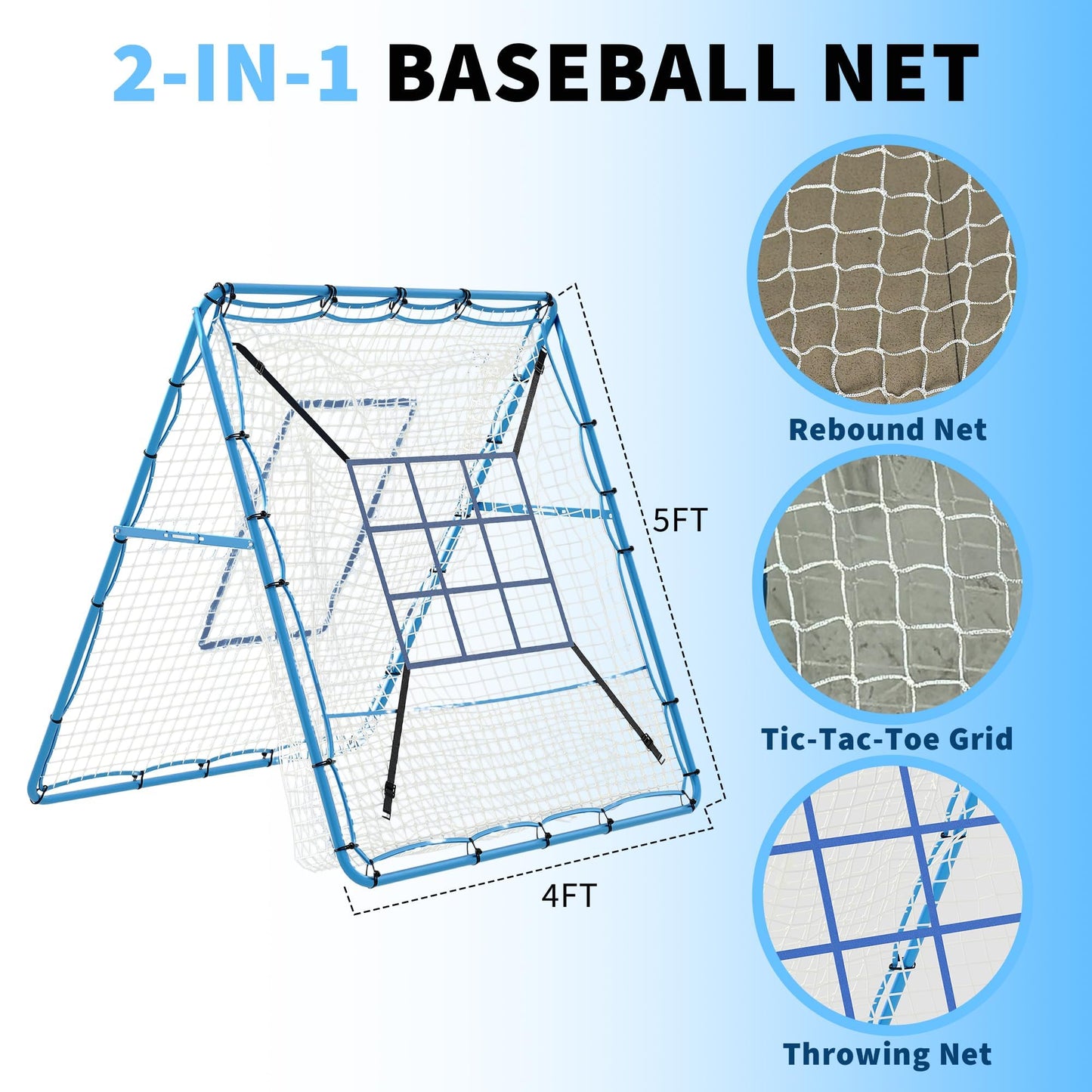 Garvee Baseball Pitching Rebounder Net, 5x4 Ft with 9 Hole Batting, Adjustable Angle Pitchin Back Trainer for Softball & Baseball Practice, Backyard Training Net