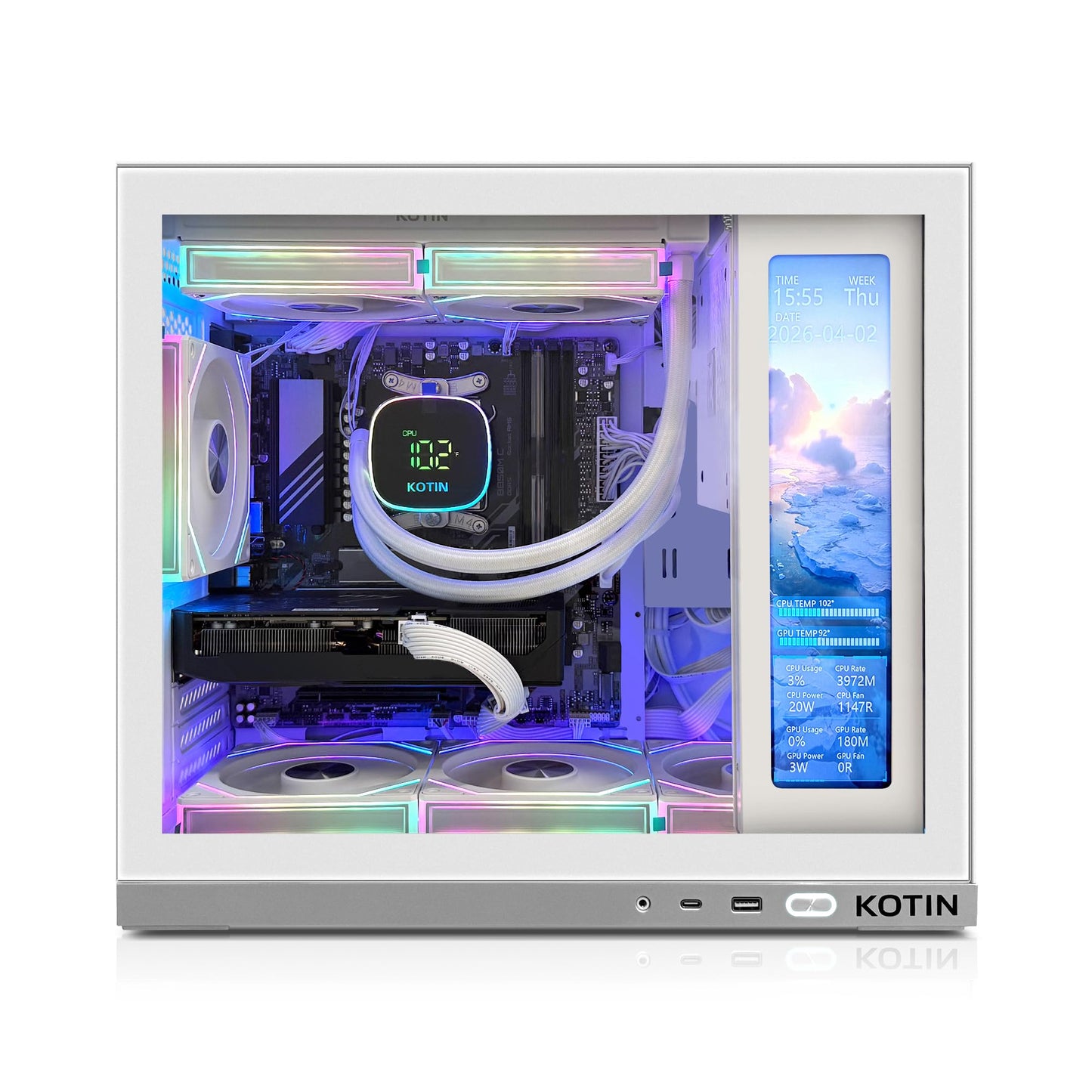 KOTIN Prebuilt Gaming PC Desktop Computer, Ryzen 7 7800X3D, RTX 5060 Ti 8GB, 32GB DDR5 6000MHz, 1TB PCIe 4.0 SSD, 11.3" Display, 240mm Liquid Cooler, WiFi 7, Windows 11 Home, ARGB White Tower G50W