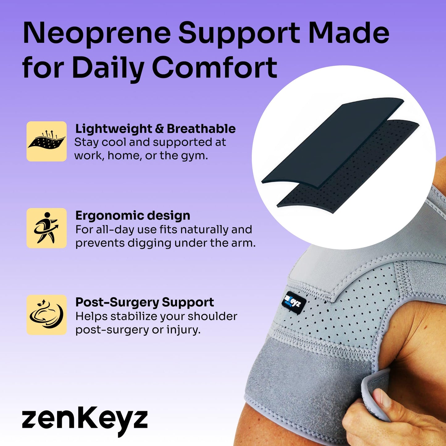 ZENKEYZ Shoulder Brace for Men & Women - Size S/M (Chest 28-38") - Gray Neoprene Compression Sleeve - Adjustable Strap for Rotator Cuff & Joint Stability - Integrated Ice/Heat Pocket - Ambidextrous Support