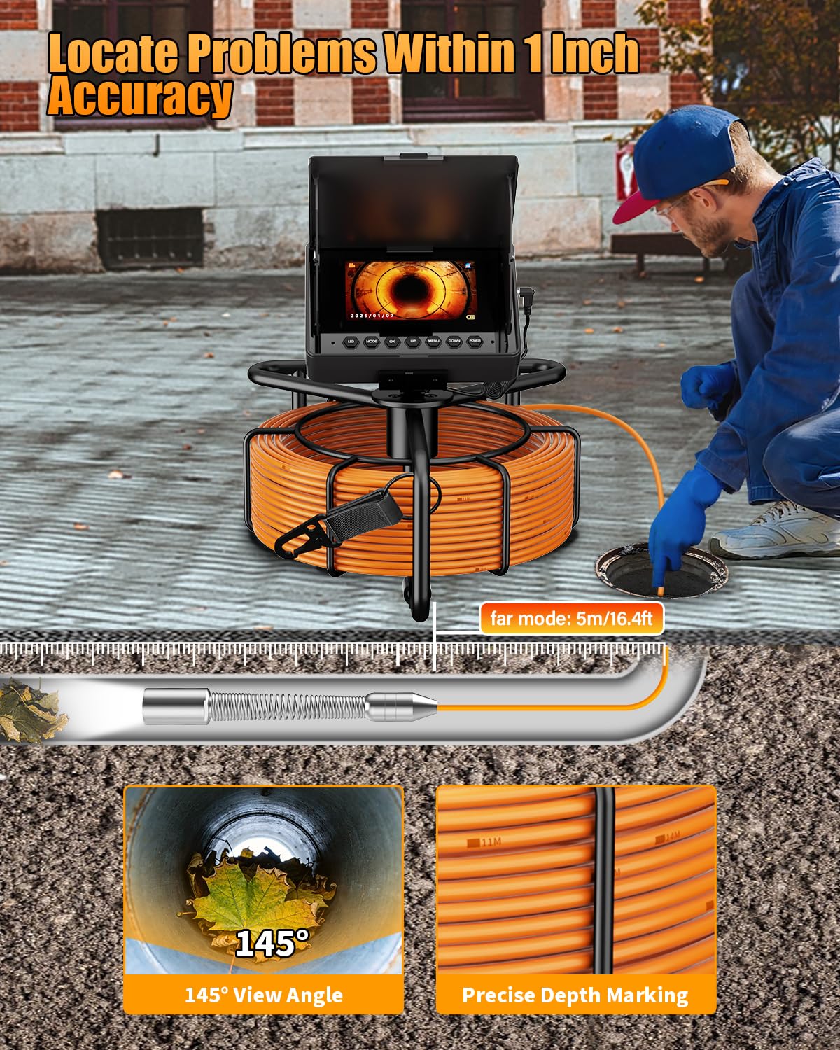Sewer Camera 100ft, Drain Camera 4.3" with 23mm 1080P Probe, 8500mAh, 32GB Audio & Video Record, IP68 Waterproof for Drain Pipe, Plumbing & Industrial Inspection, Endoscope Camera with Light(12 LEDs)