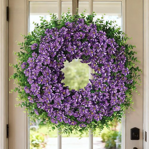 26" Eucalyptus Wreath by [Brand Name] - Faux Starry Sky Morning Glory Flowers for Spring & Summer Decor | Purple