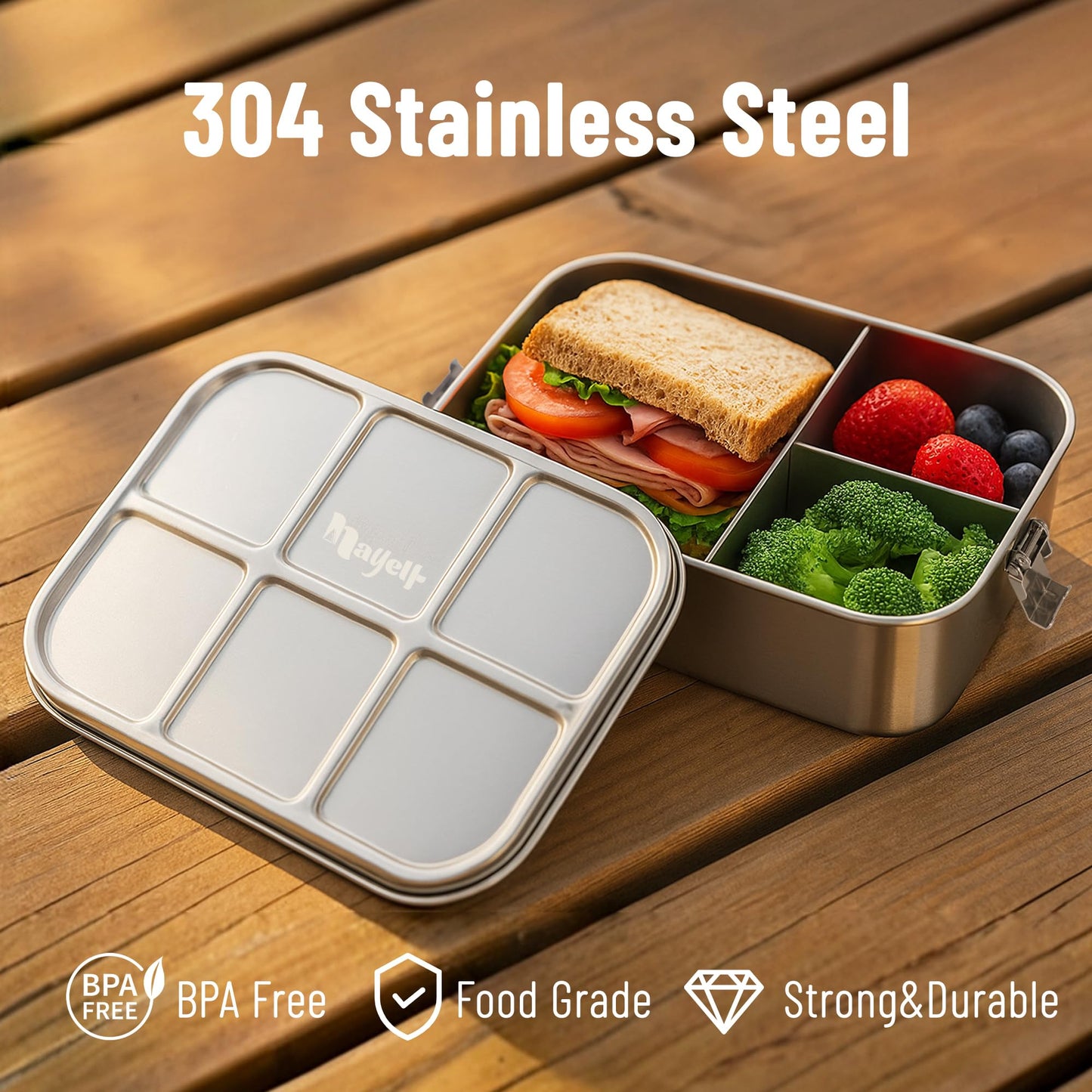 NAYELF Bento Box for Kids, 1.5L/50oz Stainless Steel Snack Containers with 3 Compartments, Lockable Clip Kids Lunch Box, Eco-Friendly, Leak-proof, Dishwasher-Safe for Home, School, Travel