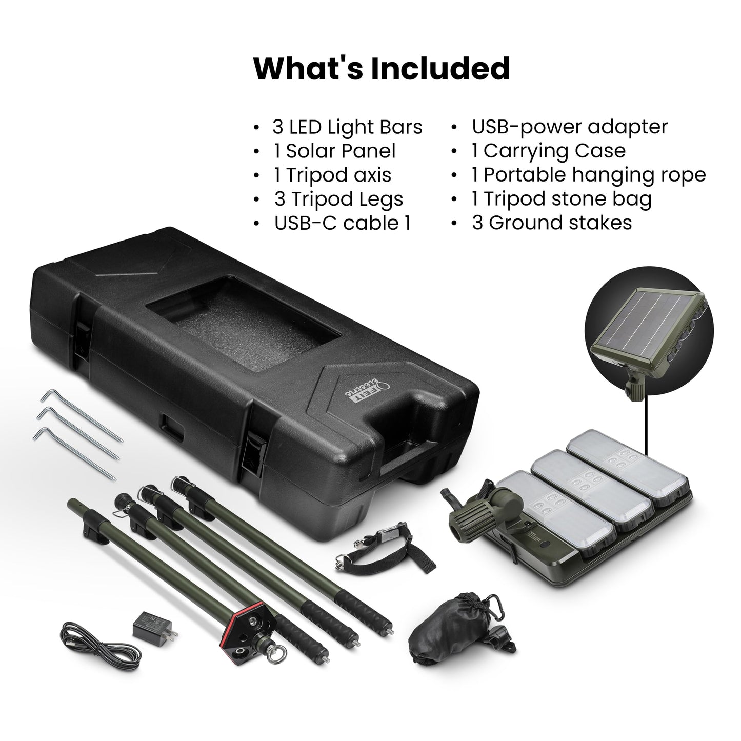 Feit Electric Rechargeable LED Solar Work Light with Tripod, 3000 Lumens, 3 Detachable Magnetic Light Bars, USB-C & Solar Charging, Solar/Tripod