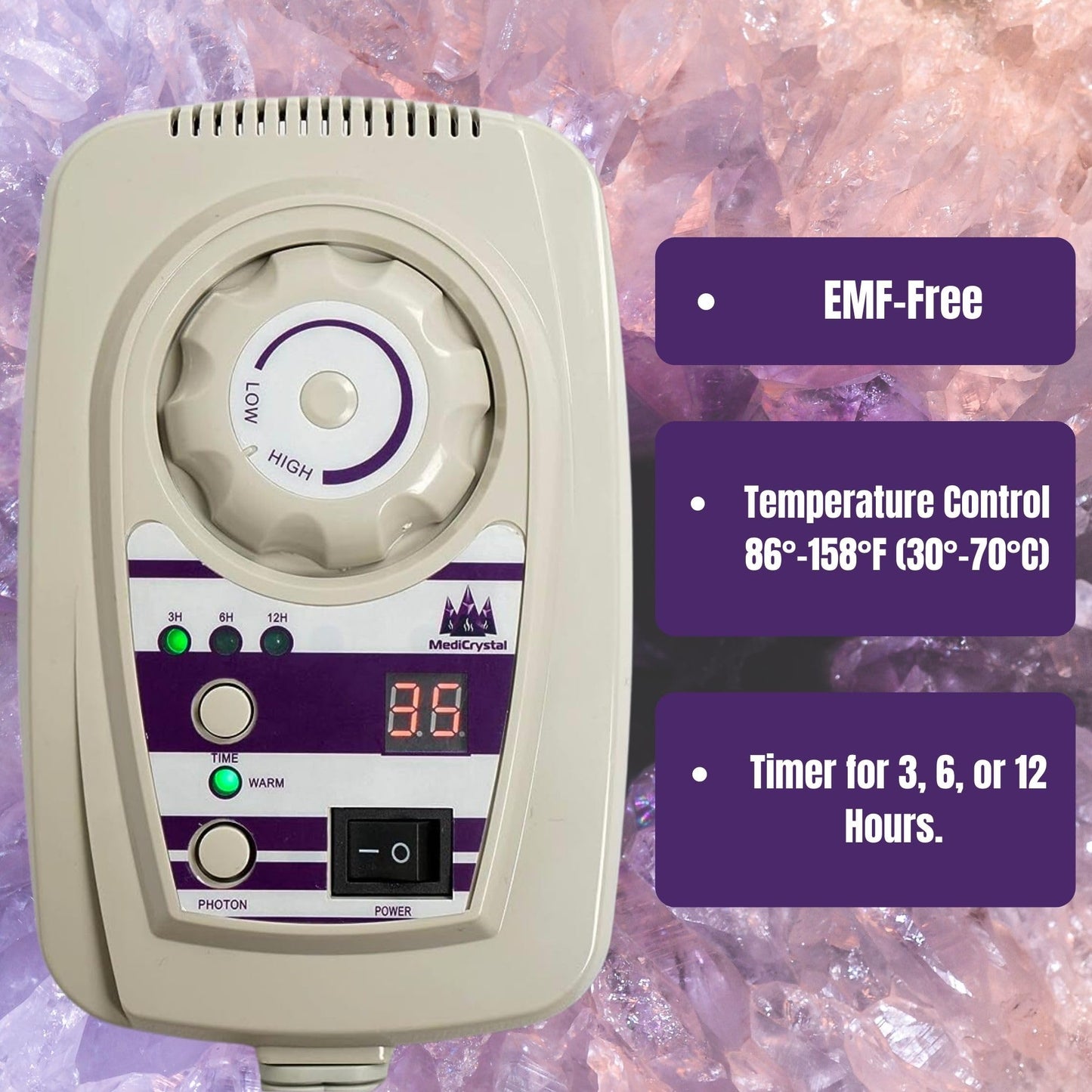 MediCrystal Far Infrared Amethyst Mat 40" L x 20" W - 8 Photon Red NIR MIR Lights - 5 Quadrupole Static Magnets - Bio Stimulation- Medium Flexible FIR Heating Pad