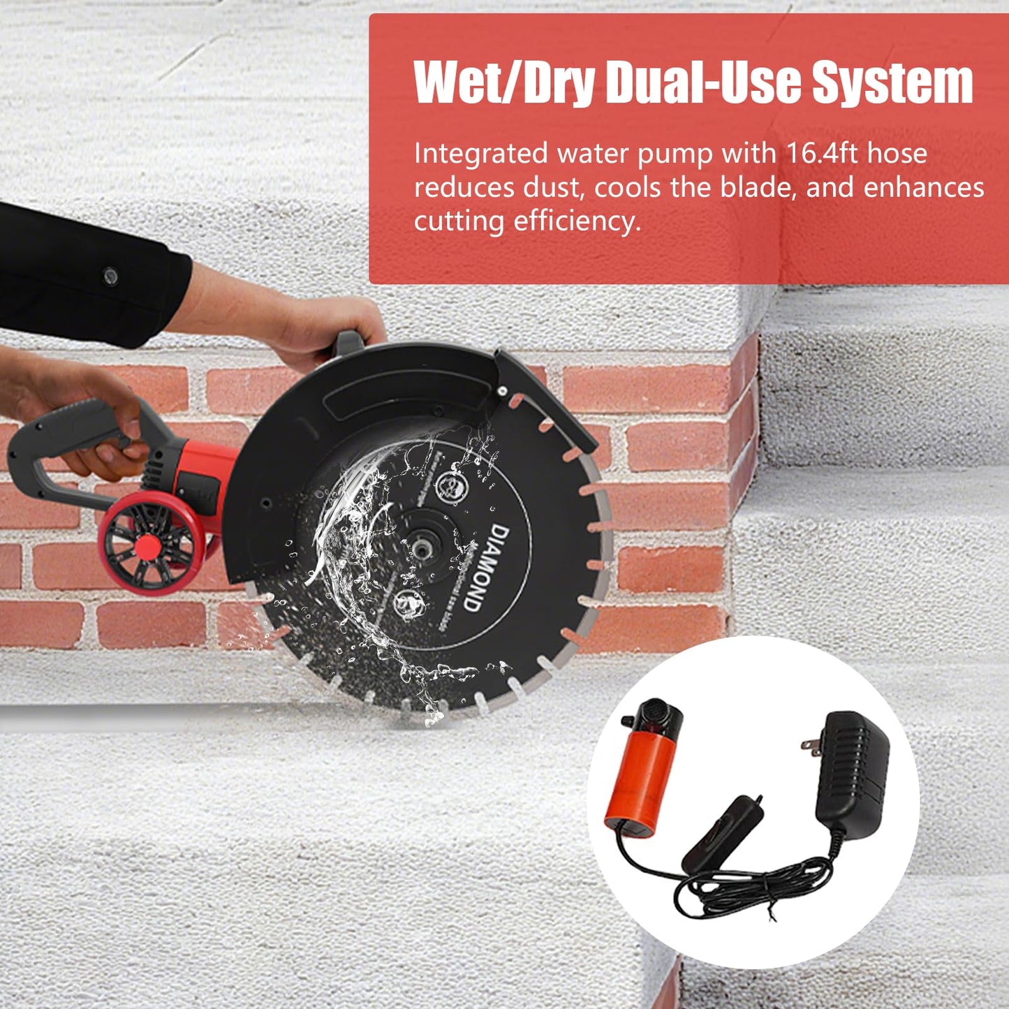Electric Concrete Saw, 16" Wet/Dry Disk Saw Cutter 4000W Circular Concrete with Water Line, Water Pump and Blade 6.5" Cutting Depth for Stone, Brick, Porcelain, Concrete