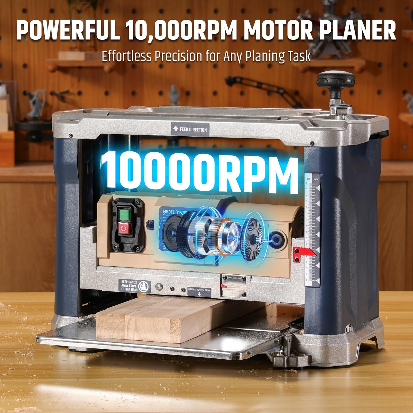 WOODSTARTER 13-Inch Benchtop Wood Planer, 10,000 RPM with 3 HSS Blades, 21 ft/min Feed Rate, Adjustable Planing Height 1/4" to 6-1/4", Multi-Size Dust Port, Overload Protection for Woodworking