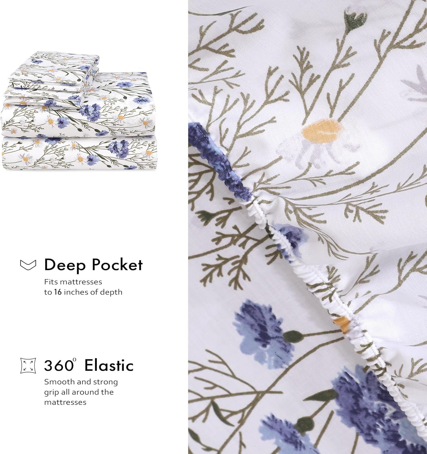 RUVANTI King Size Cotton Sheets - 100% Percale Bedding, Cooling Floral Design, 16" Deep Pocket, 4-Piece Set