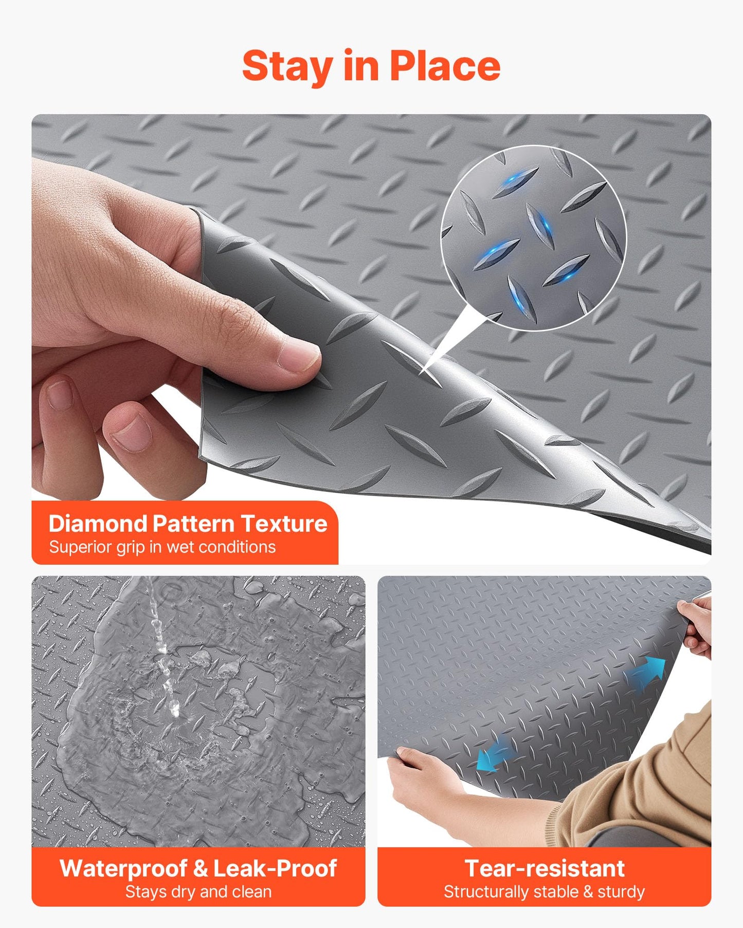 VEVOR Garage Floor Roll, 7.5 x 17 ft Garage Flooring Mat, 2.2 mm Thickened PVC Diamond Plate Floor Protector Mat with Double-Sided Tape, Non-Slip, Easy to Clean for Warehouse, Gyms,Silver Gray