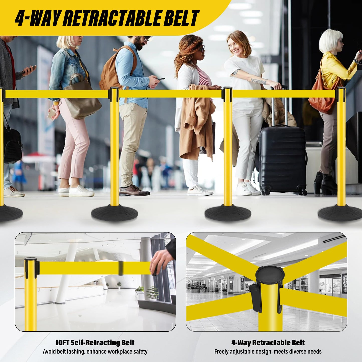 STARSIGNS 6 Pack Crowd Control Barriers - Weighted Base Stanchions with 10 Feet Retractable Belts Yellow Stanchion Posts Set for Retail, Banks, Public Spaces