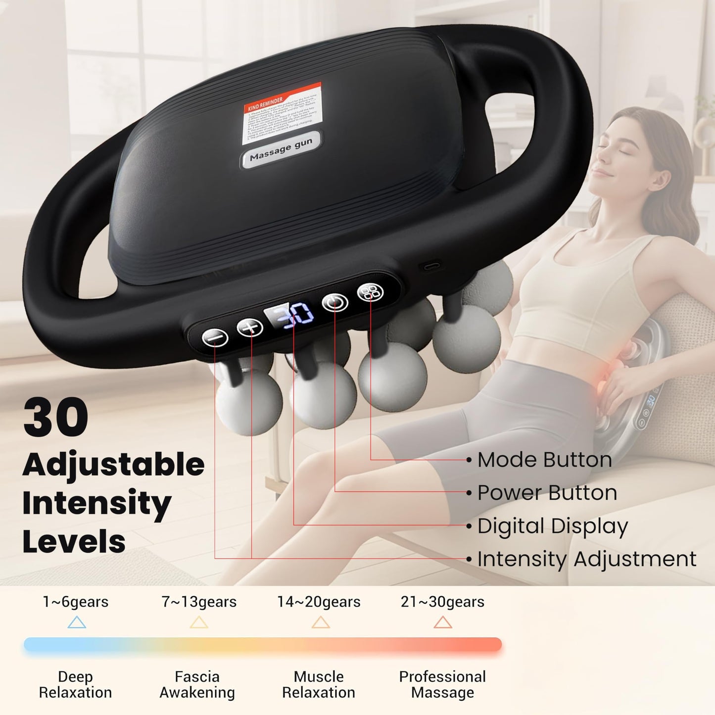 OMEO 16-Head Deep Tissue Massage Gun – Professional Percussion Massager with 30 Intensities & Quiet Motor | Portable Muscle Massager for Pain Relief, Neck, Back, Shoulders & Legs (Black)