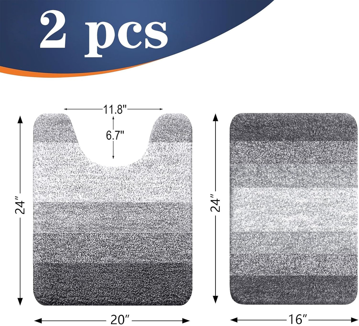 OLANLY Bathroom Rug Set - Soft Absorbent Microfiber Bath Mats & U-Shaped Toilet Rug | Non-Slip, Grey (24"x16" + 24"x20")