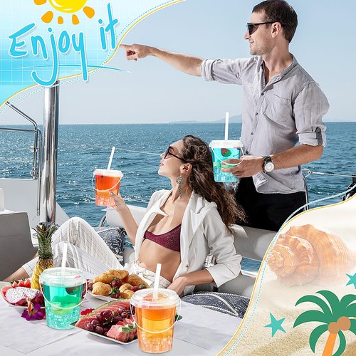 Funnymoom 100 Set 34oz Clear Plastic Drink Buckets with Lids and Straws Disposable Iced Coffee Cups Rum Buckets for Cocktail Parties Smoothie Cup Bulk with Handles for Beach Pool Party Supplies