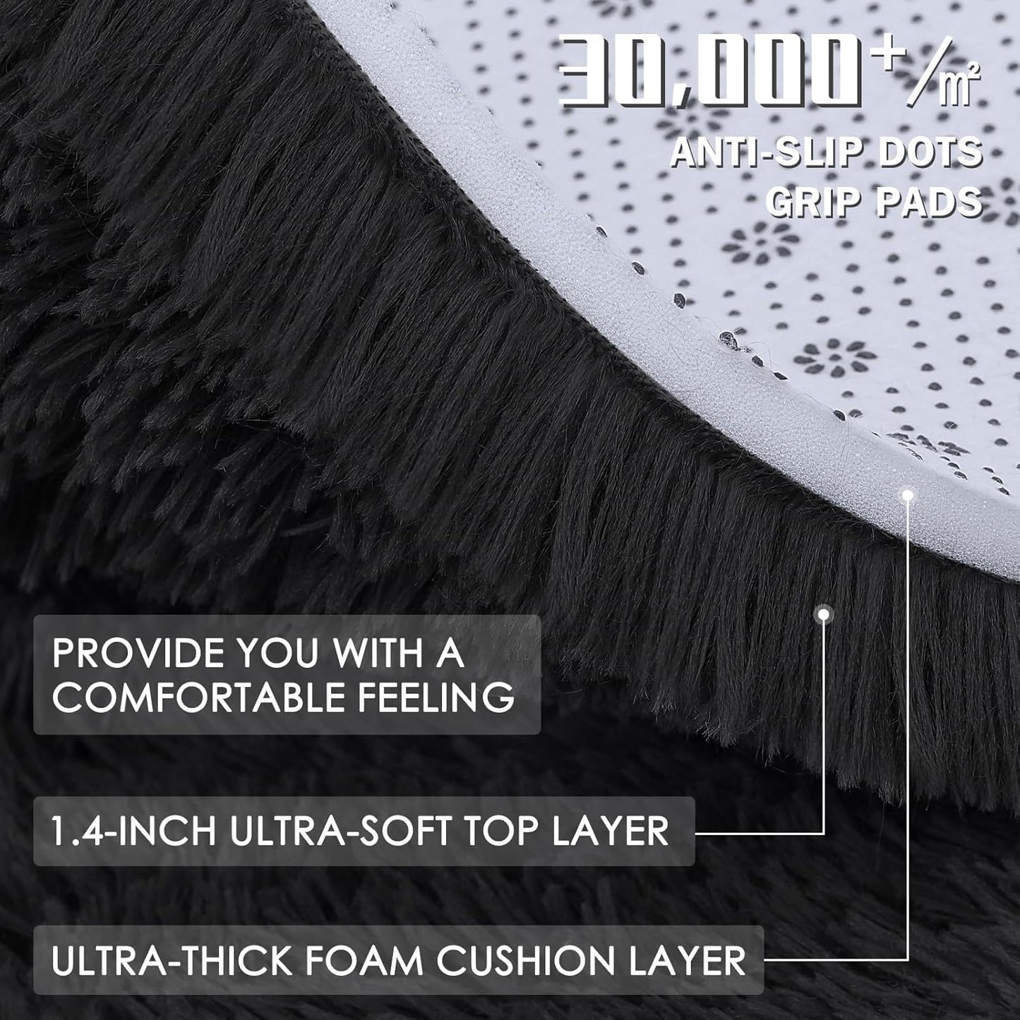 OLANLY Soft Fluffy Shaggy Bedside Rug - Machine Washable 3x3 ft | Ideal for Bedroom & Nursery Decor - Black