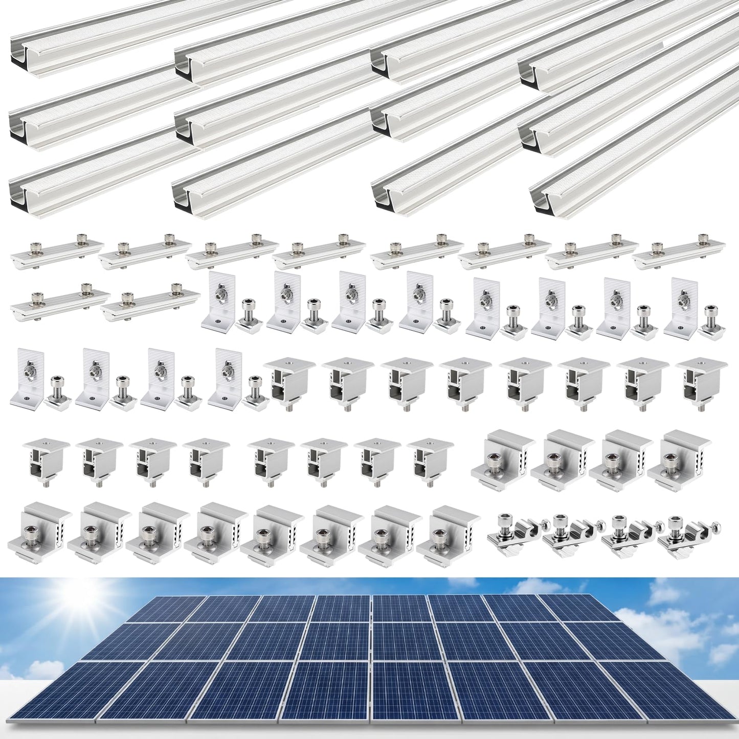 Mindoub Solar Panel Mounting Rail Kit for 7 x 320W Panels, Includes 12 x 47.2 Aluminum Rails, Adjustable Clamps, L-Brackets & Wire Clips, Heavy Duty Racking for Metal, Tile, Shingle Roof