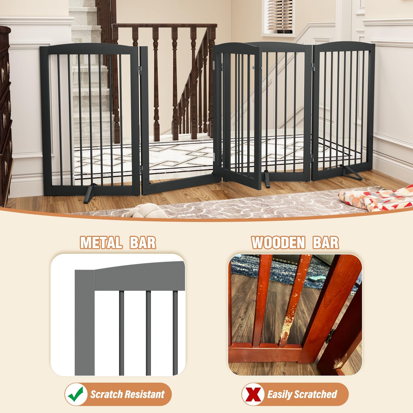 PUPETPO Freestanding Dog Gates with Door Walk Through, Pet Gate for Stairs, 80 inch Wide Gates Indoor, Dog Fences Indoor, Support Feet Included, 4 Panels, 32" Tall, Grey