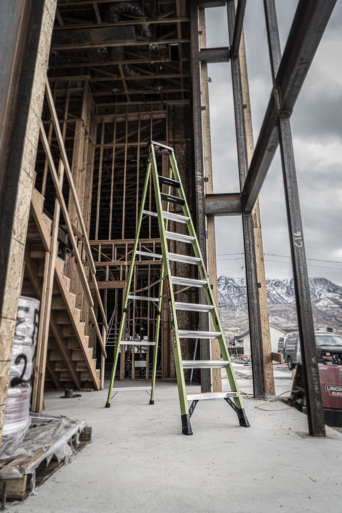 Little Giant Ladders, Sentinel, M12, 12ft A Frame Stepladder/Leaning Ladder, Fiberglass, Type 1AA, 375 lbs Weight Rating, (15912-002) Hi-viz Green