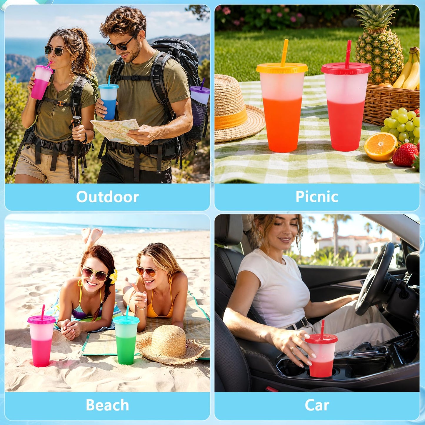 EASEVE Color Changing Cups with Lids and Straws - 6 Pack 24 oz Reusable Plastic Tumblers with Lids and Straws for Adults Party, Bulk Tumblers for Iced Coffee Tea and Smoothie