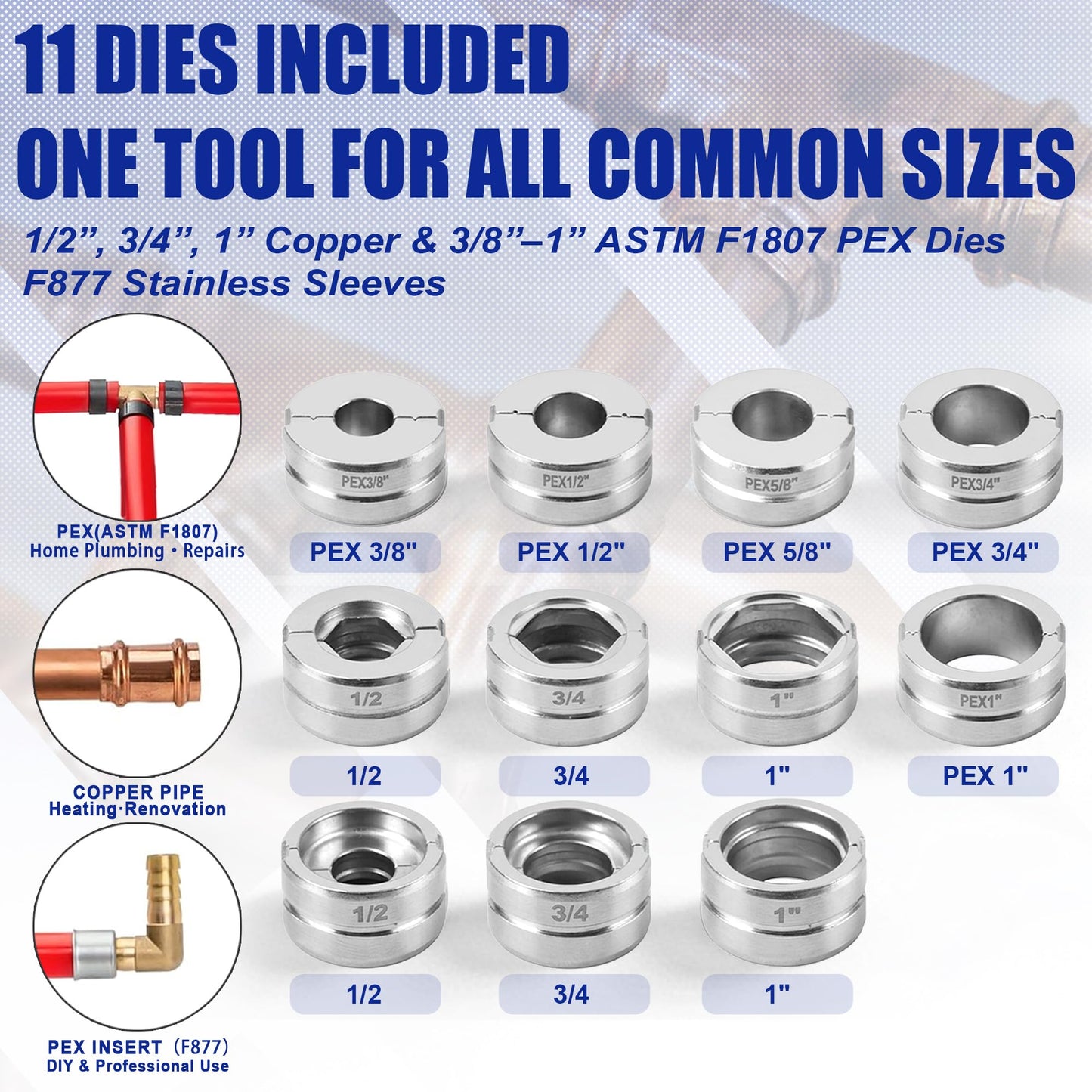 AMZCNC 18V Pro Press Tool for Copper & PEX Pipes Cordless Plumbing Press Tool Kit w/ 1/2”, 3/4”, 1” Copper & 3/8”–1” ASTM F1807 PEX Dies | F877 Stainless Sleeves | For Professional Plumbers